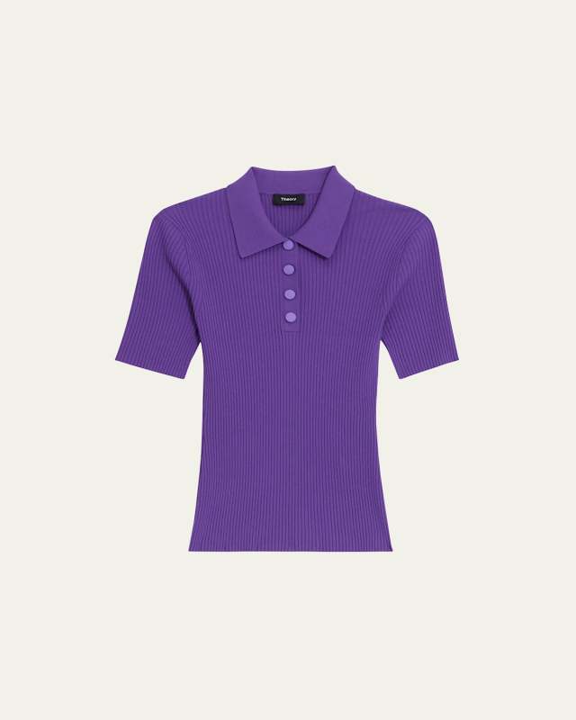 Ribbed Compact Crepe Short-Sleeve Polo Shirt